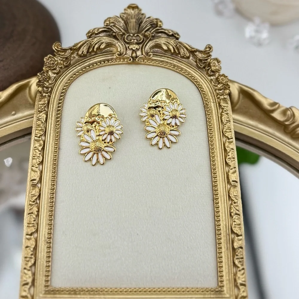Gold Daisy Statement Earrings – Enamel Floral Drops | PVD Real Gold Plated - Picture 8 of 11